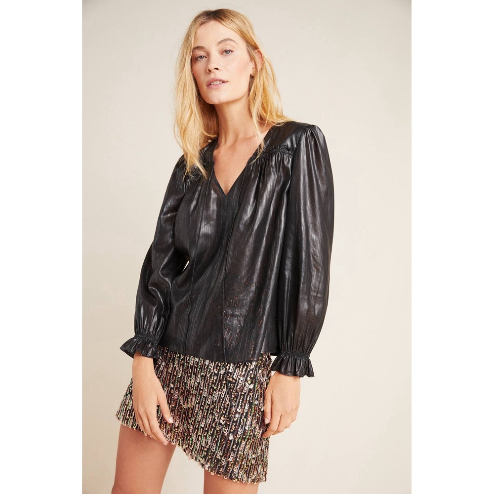 Anthropologie Current Air Black Metallic Bristol Long Sleeve Blouse Size Small
